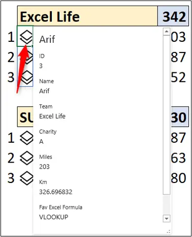 Pop up card on Excel dashboard for more information