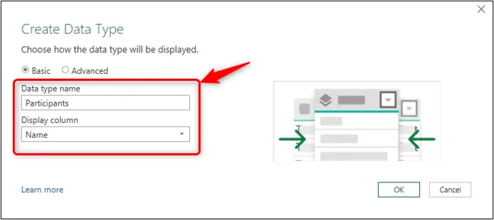 Name and specify a display column for the data type