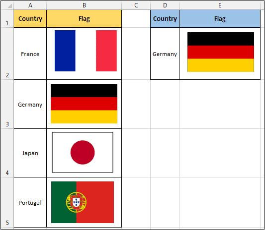 Country flags to return with a picture lookup in Excel