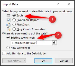 Load the query to a table on an existing worksheet