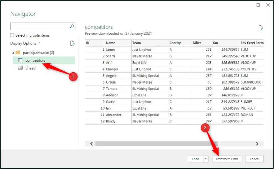 Select the competitors table from the Navigator window