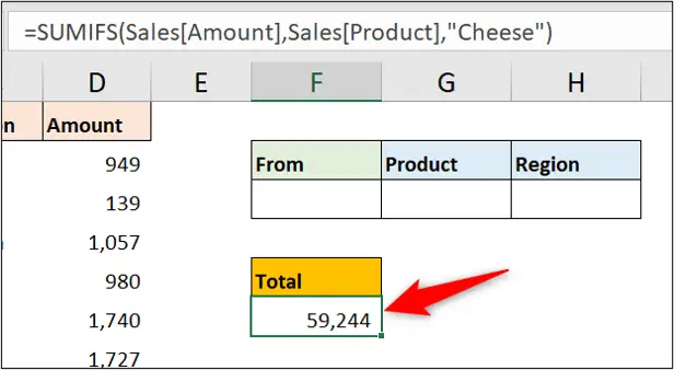 SUMIFS example 1 testing one text value