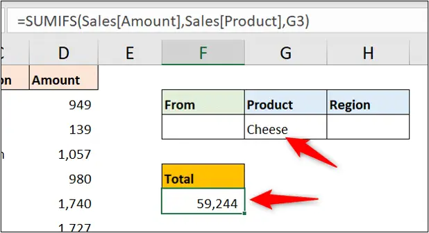 Cell Value for the SUMIFS function criteria