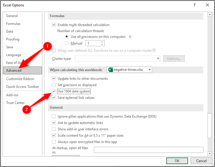 Change to the 1904 date system in Excel