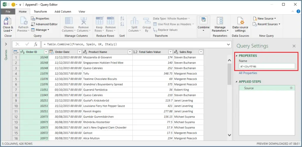data from the combined worksheets in the editor