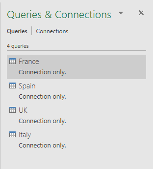 List of all queries as connection only