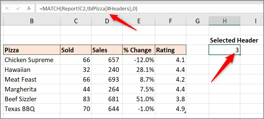 MATCH function to return the selected column