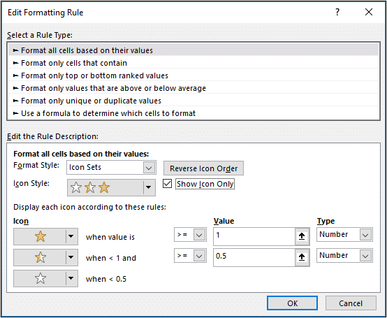 Icon Sets Conditional Formatting rule window settings applied