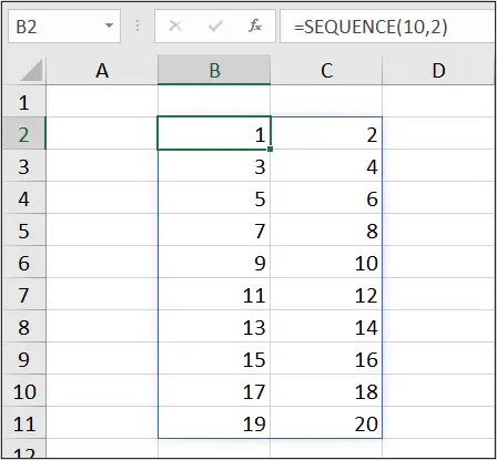 Using the columns and rows arguments of the Excel SEQUENCE function
