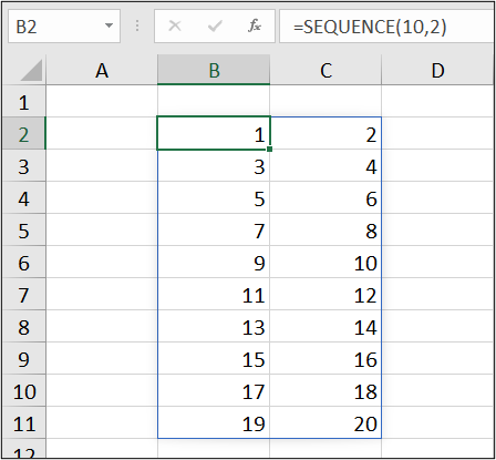 Using the columns and rows arguments of the Excel SEQUENCE function