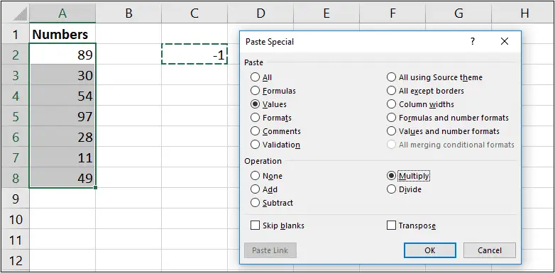 Convert positive numbers to negative with Paste Special