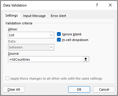 Create a Data Validation list using a named range as its source