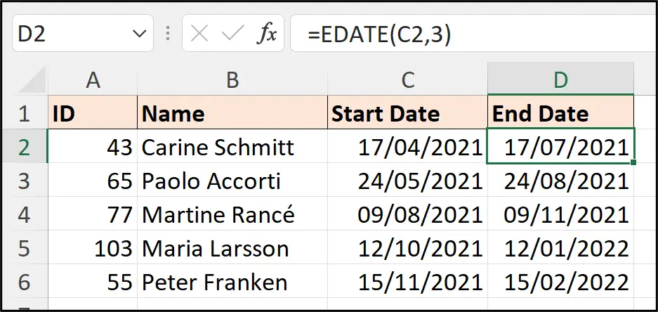 EDATE function in Excel to calculate future dates