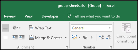 Group worksheets message on the title bar