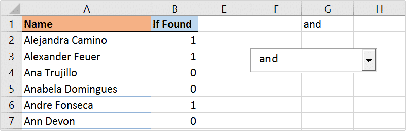 Formula to check if the name should appear in the Excel searchable drop down list