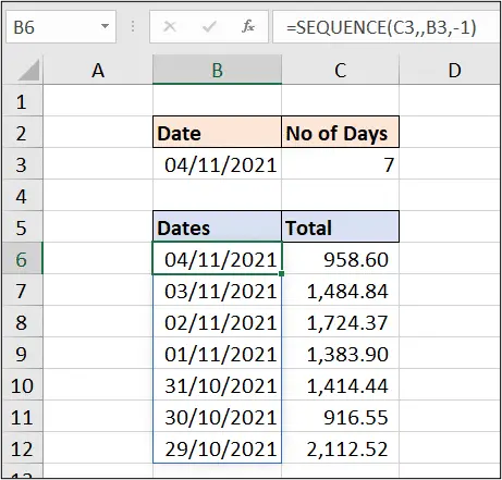 Returning the last 7 days sales with the SEQUENCE function in Excel