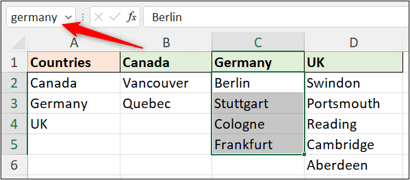 Named ranges assigned for each country list