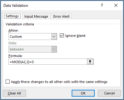 Excel MOD function to prevent entry of odd numbers