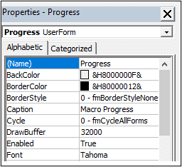 Properties of the Excel VBA userform