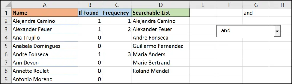 Names returned by formula for the searchable drop down list in Excel