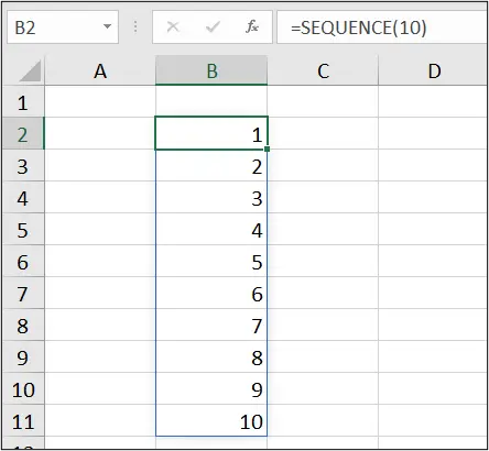 Simple number sequence down 10 rows 