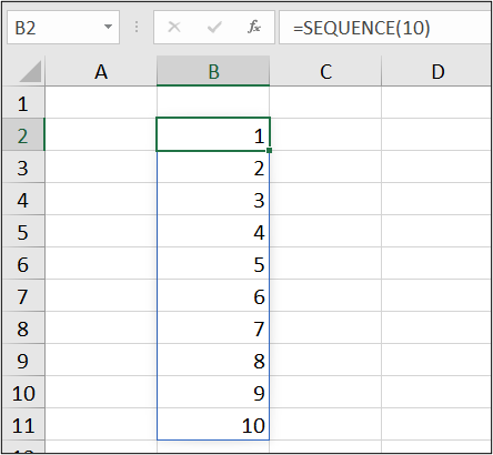 Simple number sequence down 10 rows 