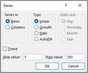 Fill Series window in Excel