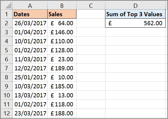 SUMPRODUCT function example to sum the top 3 values in a range