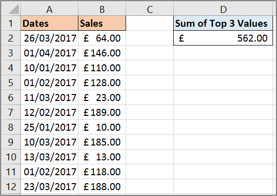 SUMPRODUCT function example to sum the top 3 values in a range