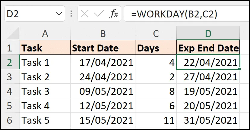 WORKDAY function to calculate expected end dates