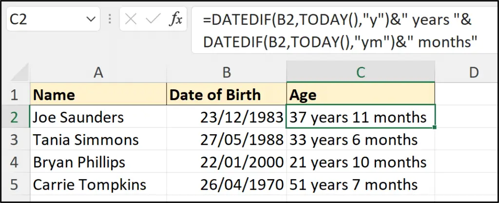 DATEDIF used to calculate age in Excel.