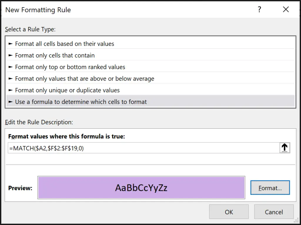 MATCH function used in a Conditional Formatting rule