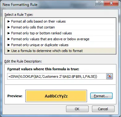 VLOOKUP to compare lists in a Conditional Formatting rule