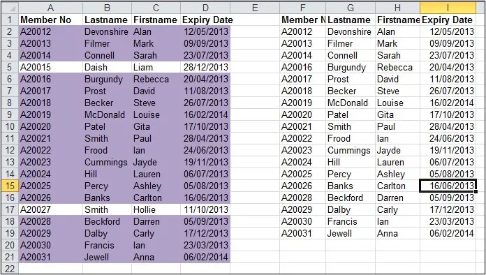 Formatted rows for the matching items between two lists