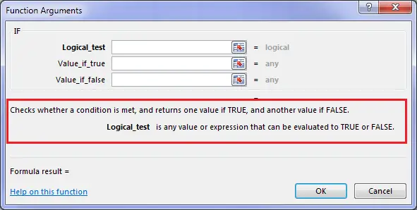 Function arguments window with helpful information