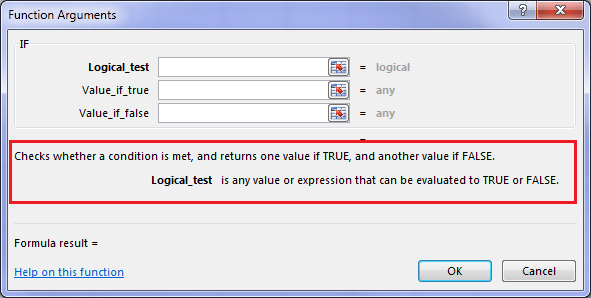 Function arguments window with helpful information