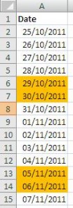 Highlighted weekend dates in Excel