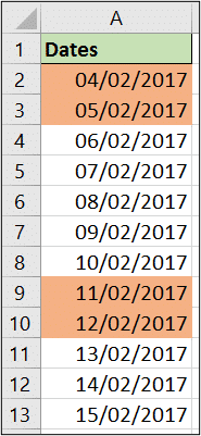 Highlight the weekend dates in a list in Excel