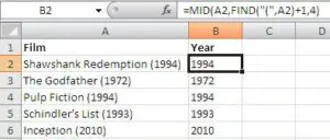 MID and FIND functions in Excel extracting text