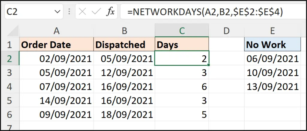Calculate working days difference with NETWORKDAYS