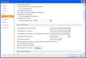 Change the default paste setting in Word options