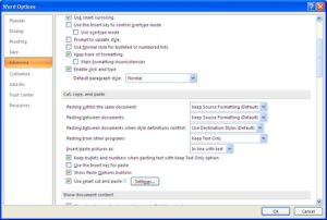 Change the default paste setting in Word options