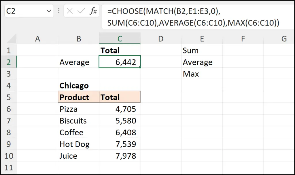Return a formula with the CHOOSE function in Excel