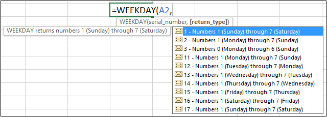 Return type options for the WEEKDAY function in Excel
