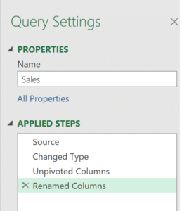 Renaming a step in the Applied Steps list of Power Query