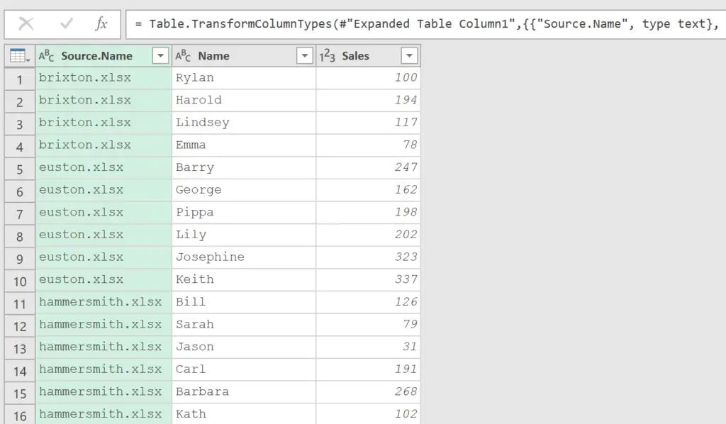 Combined files stacked into one table