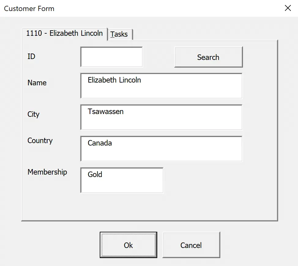 Dynamic page tab on the Excel VBA MultiPage control with customer details