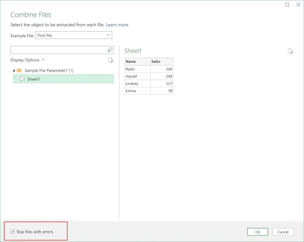 Combine files window in Power Query