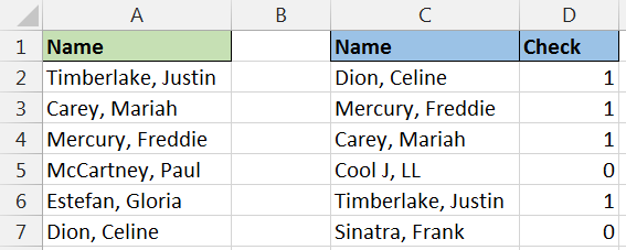 Compare two lists in Excel with COUNTIF