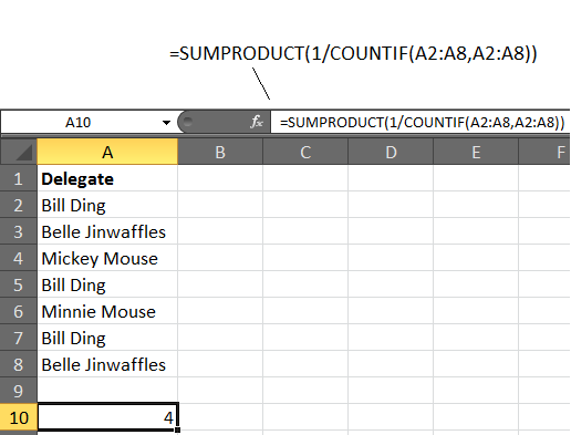 Excel formula to count unique values